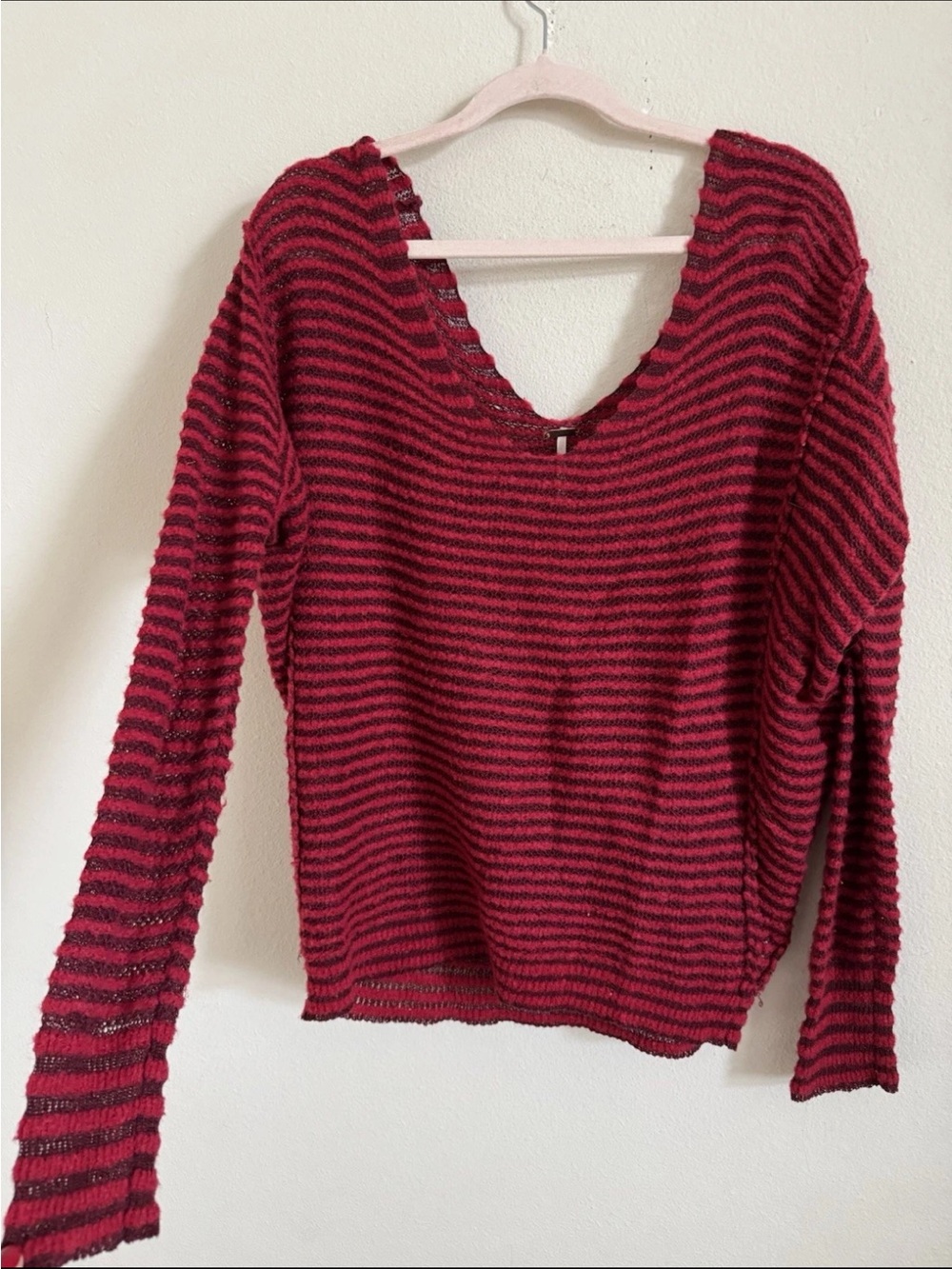 Free People Red Stripped Linen Wool Oversized Slouchy Knit Sweater M